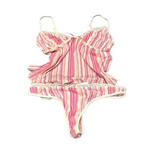 Cabernet Pink & Cream Striped Lace-Trim Cami Set